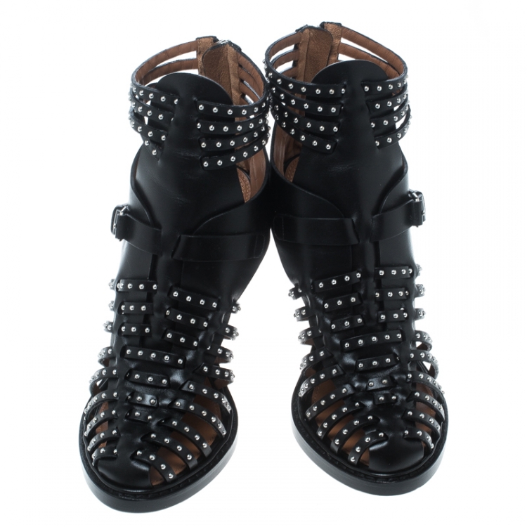 Pre Owned Givenchy Black Leather Studded Gladiator Sandals Size 38.5