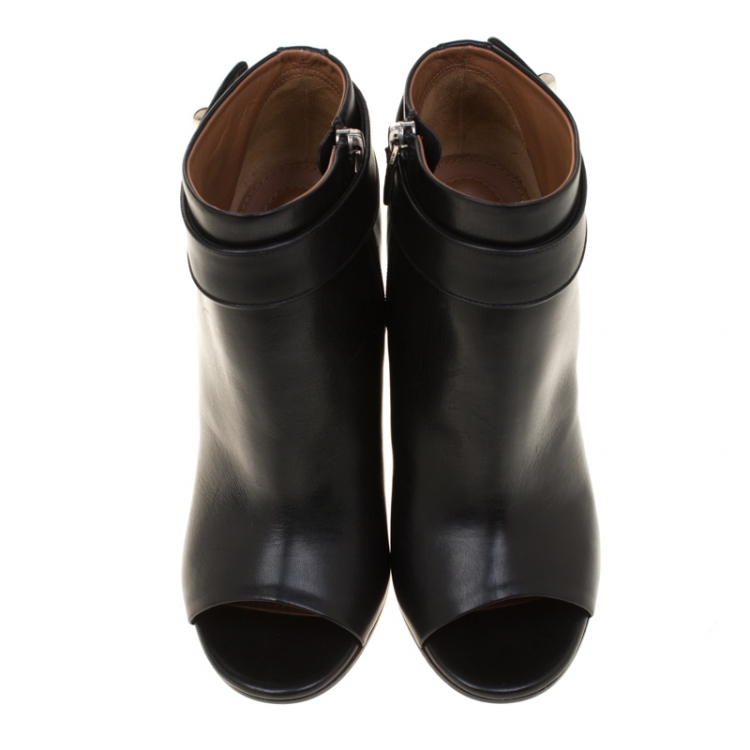 Pre Owned Givenchy Black Leather Shark Lock Peep Toe Ankle Boots Size 37