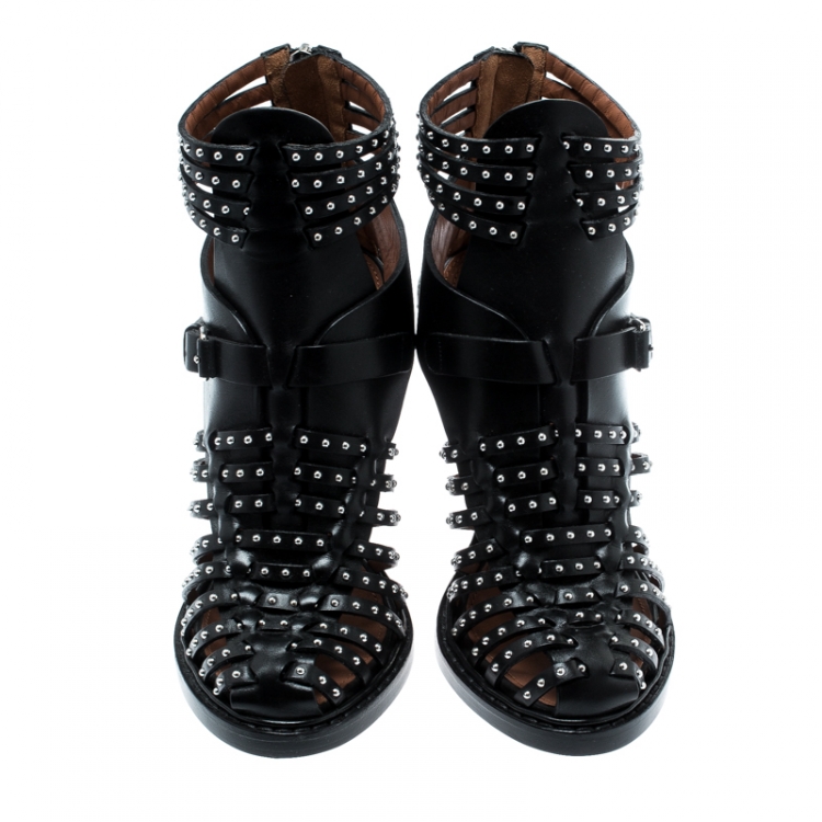 Pre Owned Givenchy Black Leather Studded Gladiator Sandals Size 38
