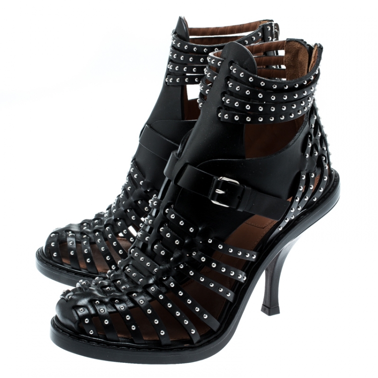 Pre Owned Givenchy Black Leather Studded Gladiator Sandals Size 38