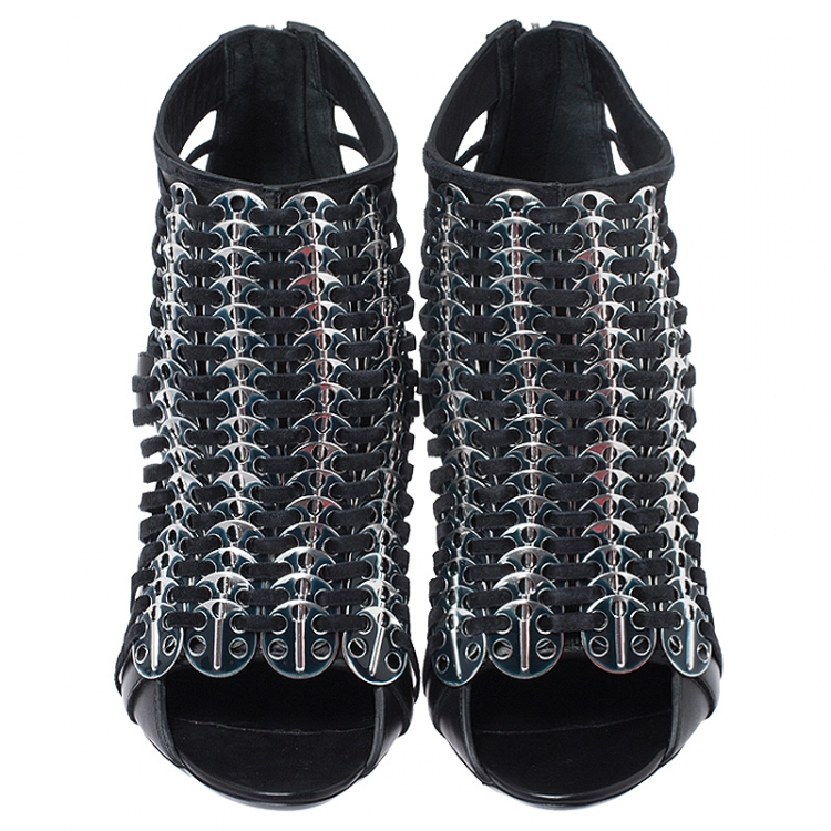 Pre Owned Givenchy Black Strappy Leather Metal Embellished Peep Toe Ankle Booties Size 36.5