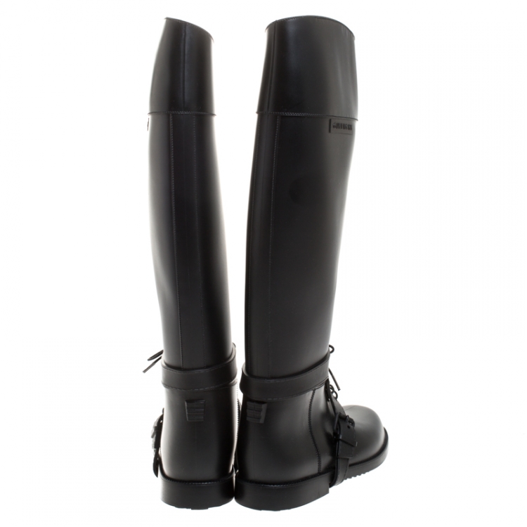 Pre Owned Givenchy Black Rubber Riding Knee Length Lace Up Boots Size 41