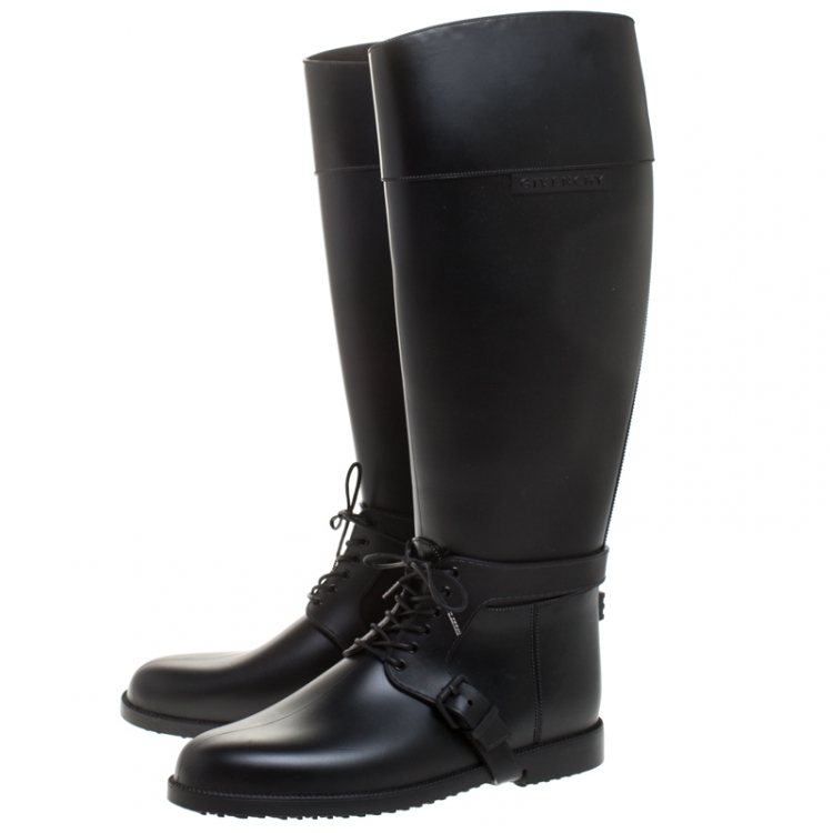 Pre Owned Givenchy Black Rubber Riding Knee Length Lace Up Boots Size 41