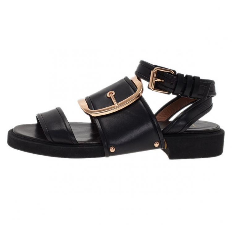 Pre Owned Givenchy Black Leather Victor Buckle Flat Sandals Size 38