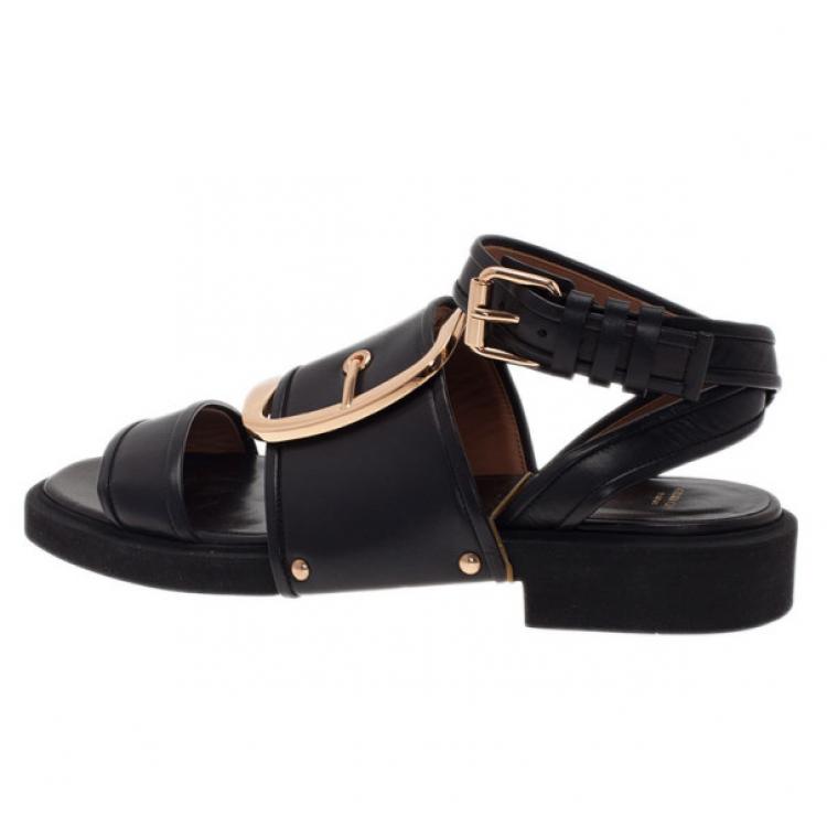 Pre Owned Givenchy Black Leather Victor Buckle Flat Sandals Size 38
