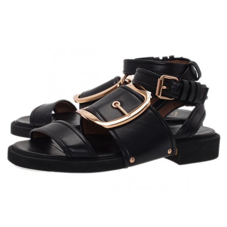 Pre Owned Givenchy Black Leather Victor Buckle Flat Sandals Size 38