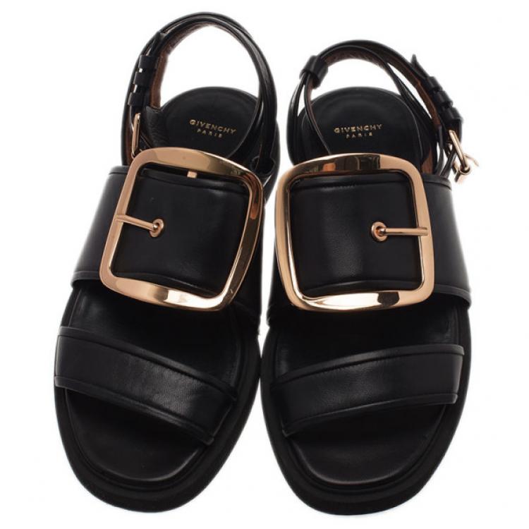 Pre Owned Givenchy Black Leather Victor Buckle Flat Sandals Size 38