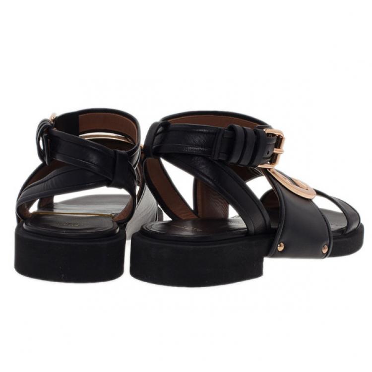 Pre Owned Givenchy Black Leather Victor Buckle Flat Sandals Size 38
