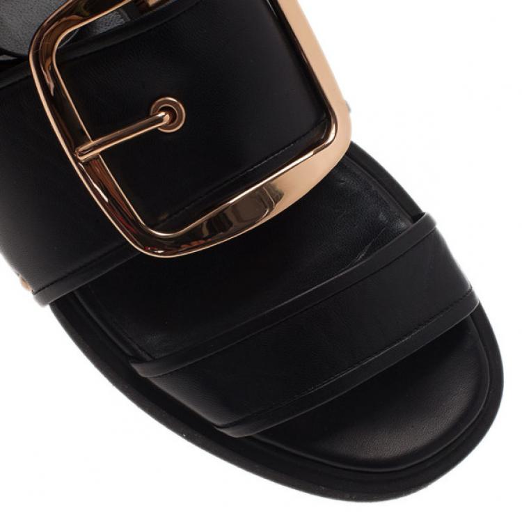 Pre Owned Givenchy Black Leather Victor Buckle Flat Sandals Size 38