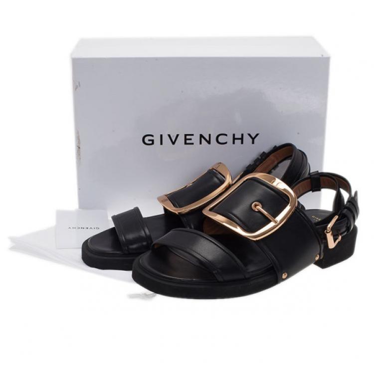 Pre Owned Givenchy Black Leather Victor Buckle Flat Sandals Size 38