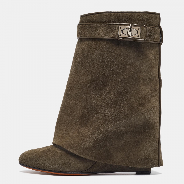 Pre Owned Givenchy Olive Green Suede Shark Lock Wedge Ankle Boots Size 37 