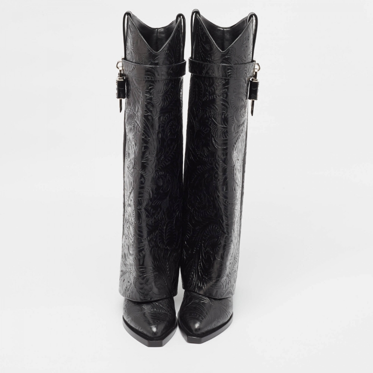 Pre Owned Givenchy Black Leather Shark Lock Cowboy Knee Length Boots Size 37