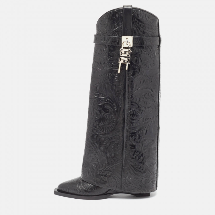 Pre Owned Givenchy Black Leather Shark Lock Cowboy Knee Length Boots Size 37