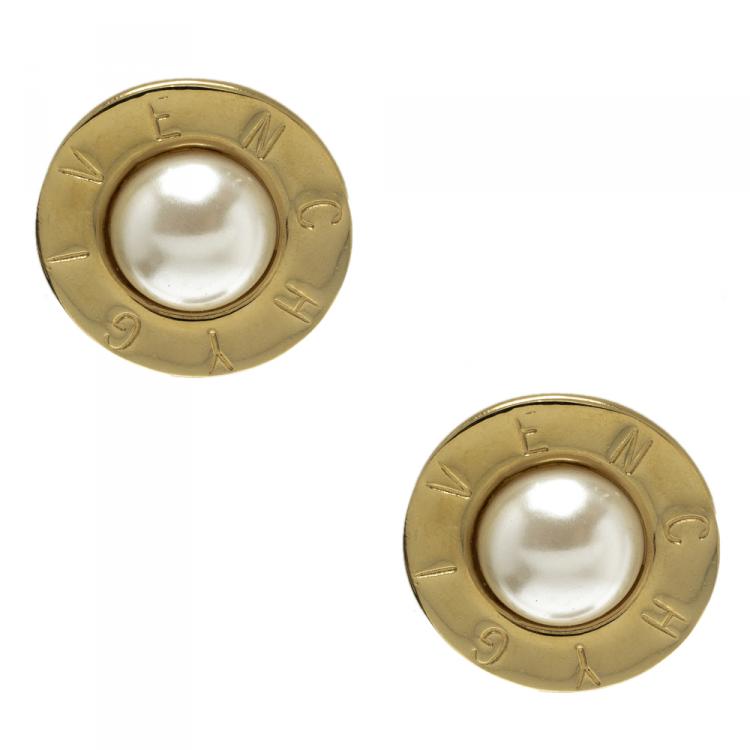 Pre Owned Givenchy Faux Pearl Gold Tone Round Clip-on Stud Earrings
