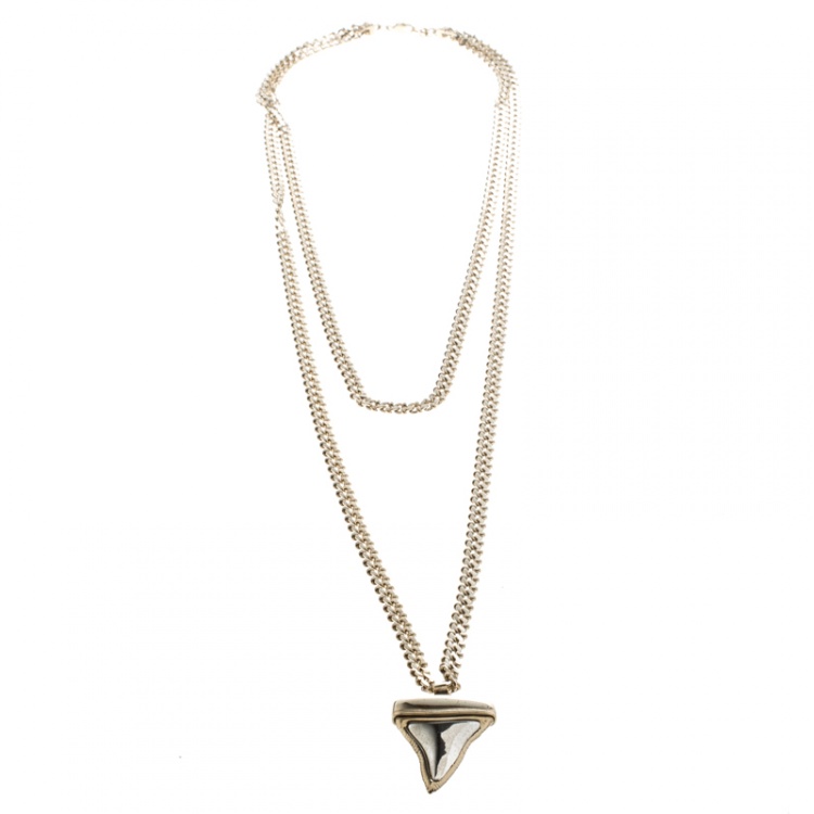 Pre Owned Givenchy Small Shark Tooth Pendant Gold Tone Two Tier Chain Necklace