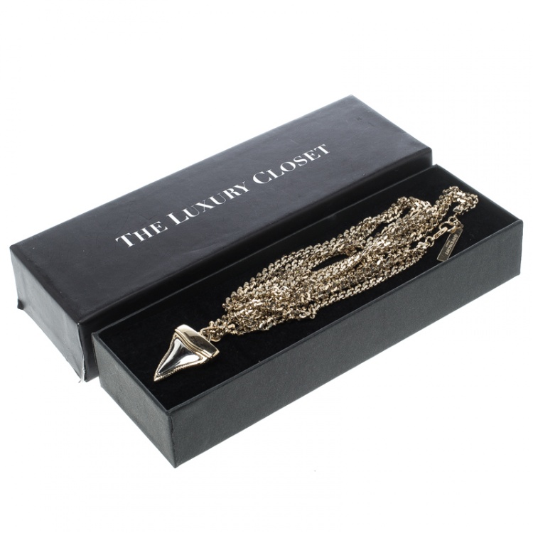 Pre Owned Givenchy Small Shark Tooth Pendant Gold Tone Two Tier Chain Necklace