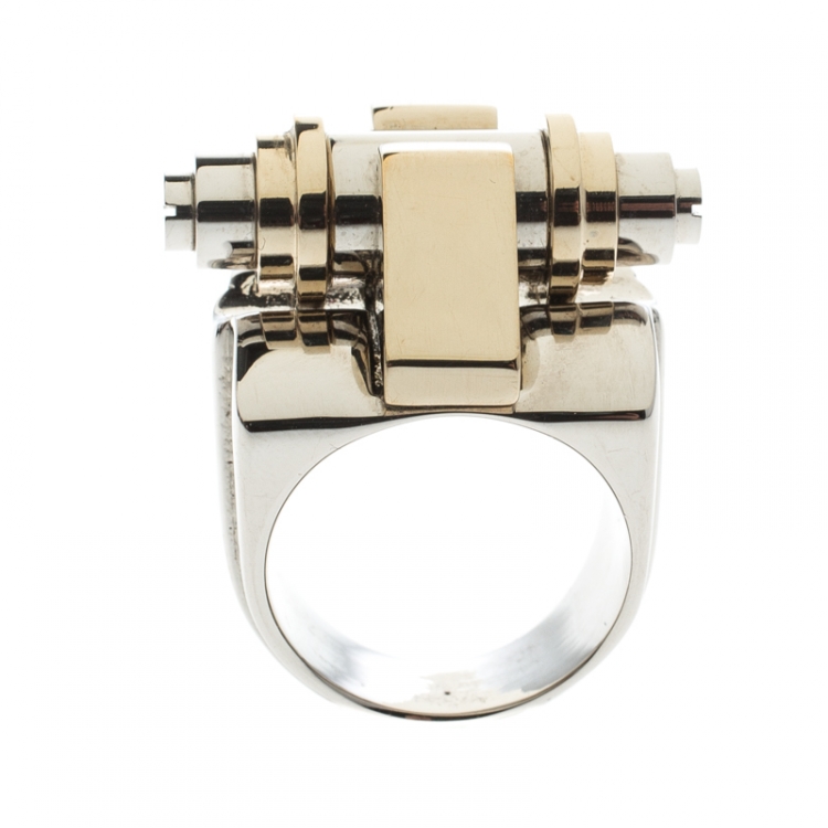 Pre Owned Givenchy Obsedia Two Tone Metal Bar Ring Size 56