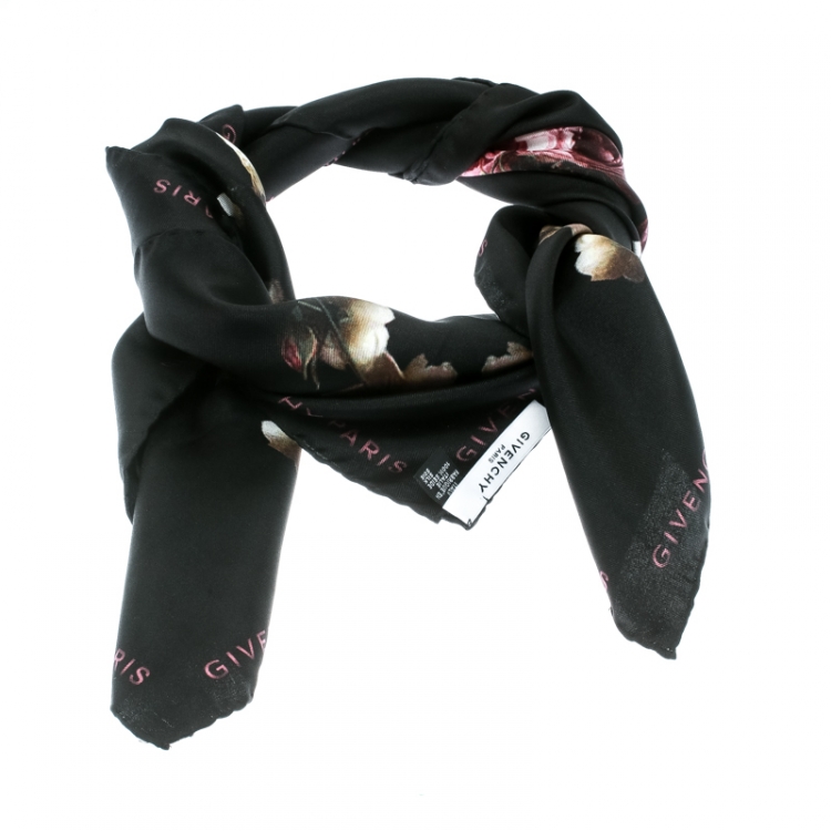 Pre Owned Givenchy Black Degrade Roses Faded Printed Silk Square Scarf