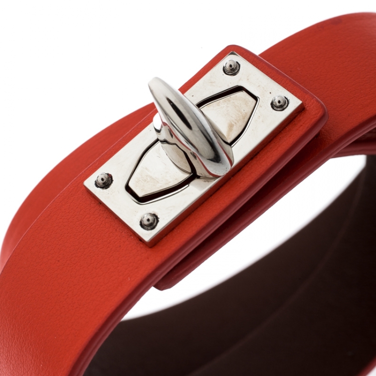 Pre Owned Givenchy Shark Tooth Orange Leather Silver Tone Double Wrap Bracelet 