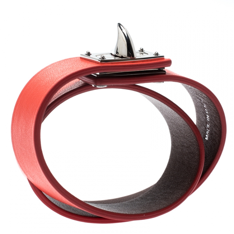 Pre Owned Givenchy Shark Tooth Orange Leather Silver Tone Double Wrap Bracelet 