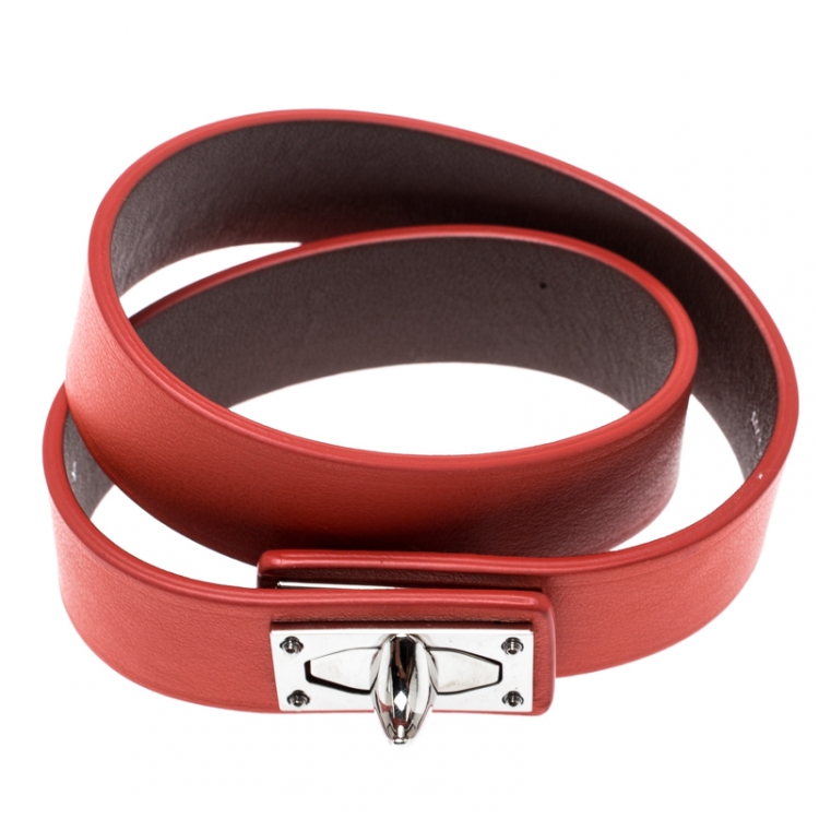 Pre Owned Givenchy Shark Tooth Orange Leather Silver Tone Double Wrap Bracelet 