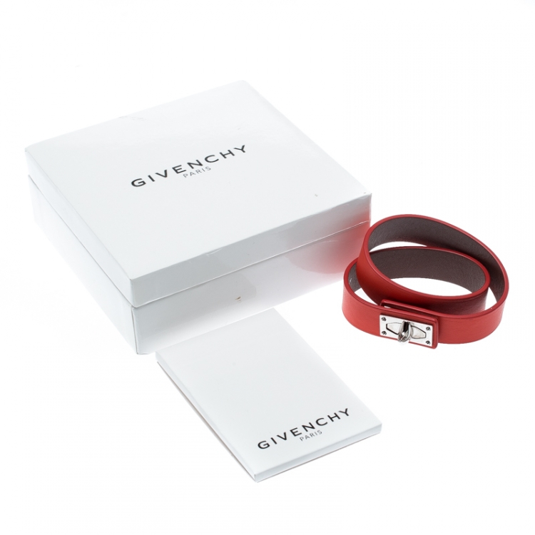 Pre Owned Givenchy Shark Tooth Orange Leather Silver Tone Double Wrap Bracelet 