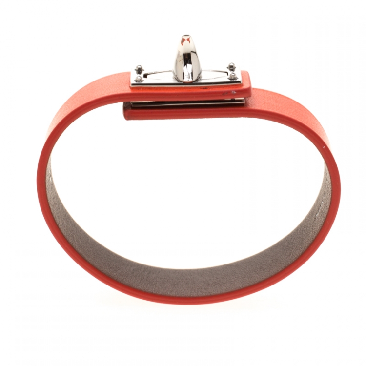 Pre Owned Givenchy Shark Tooth Orange Leather Silver Tone Bracelet 