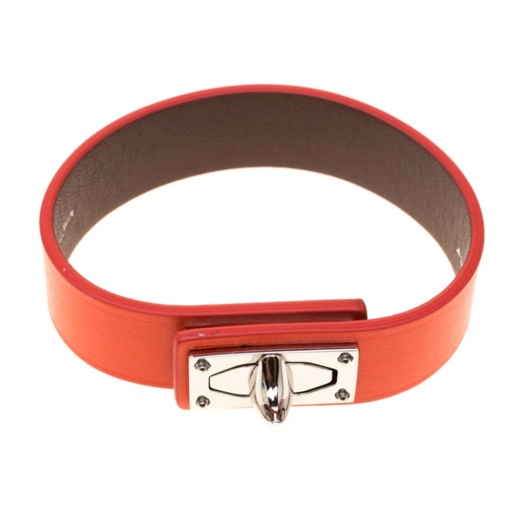 Pre Owned Givenchy Shark Tooth Orange Leather Silver Tone Bracelet 
