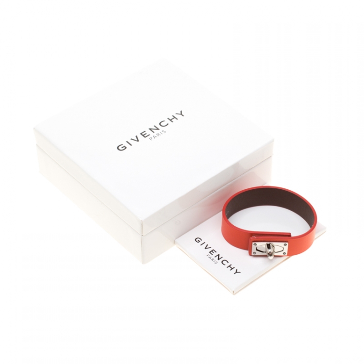Pre Owned Givenchy Shark Tooth Orange Leather Silver Tone Bracelet 