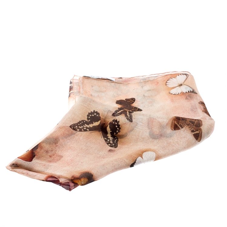 Pre Owned Givenchy Brown Butterfly Printed Silk Chiffon Square Scarf