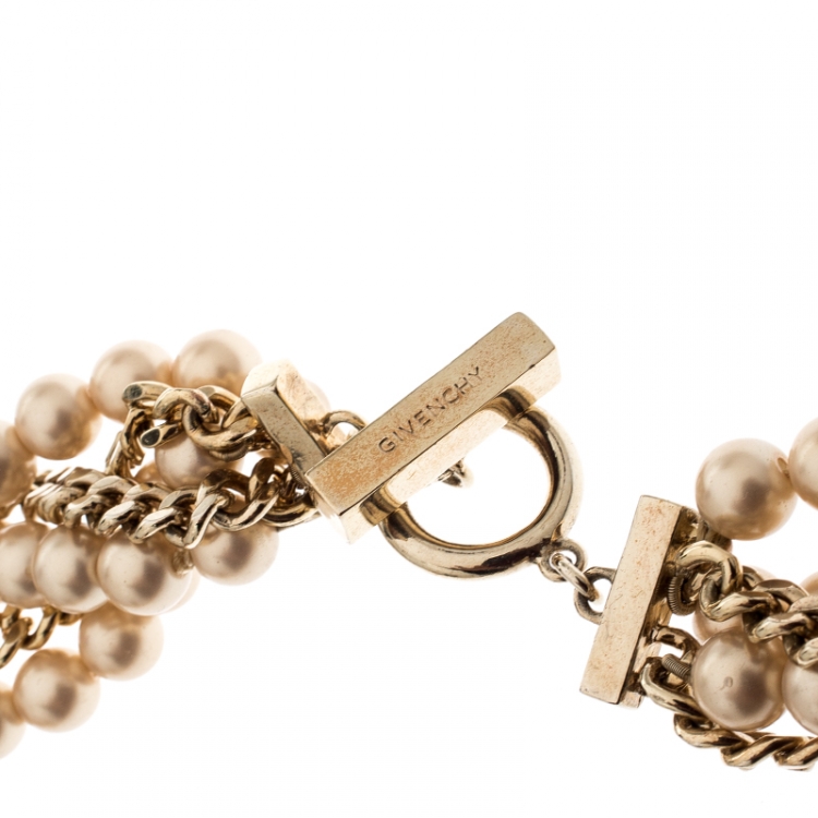 Pre Owned Givenchy Faux Pearl Gold Tone Multistrand Chain Toggle Belt / Necklace