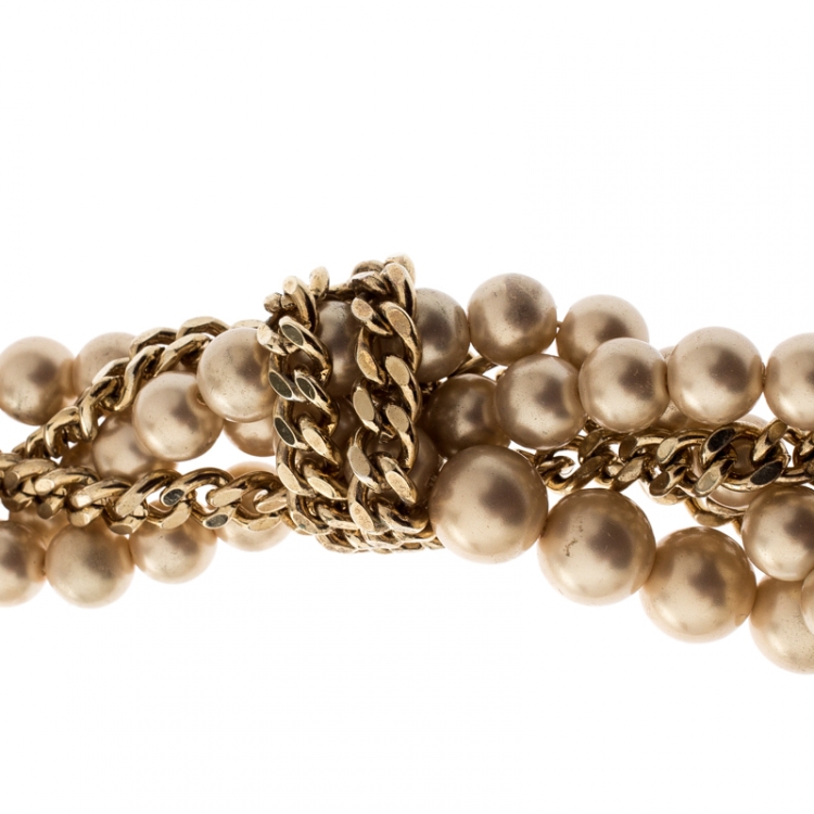 Pre Owned Givenchy Faux Pearl Gold Tone Multistrand Chain Toggle Belt / Necklace