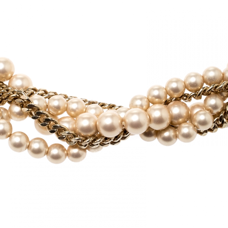 Pre Owned Givenchy Faux Pearl Gold Tone Multistrand Chain Toggle Belt / Necklace