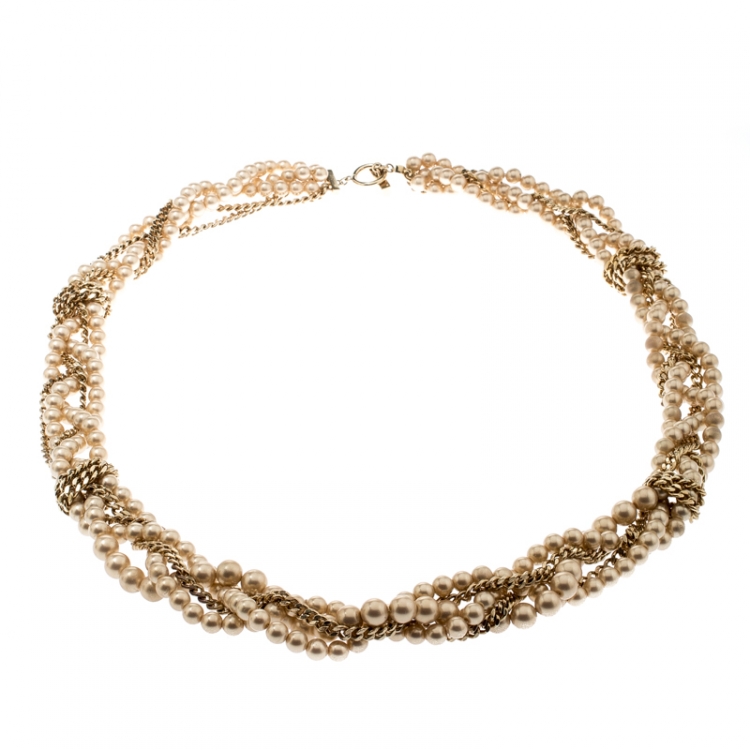 Pre Owned Givenchy Faux Pearl Gold Tone Multistrand Chain Toggle Belt / Necklace