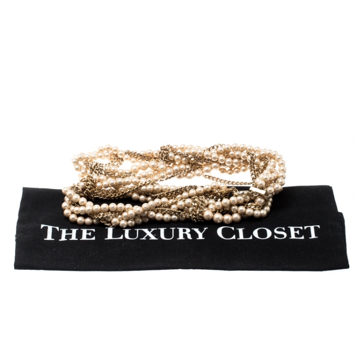 Pre Owned Givenchy Faux Pearl Gold Tone Multistrand Chain Toggle Belt / Necklace