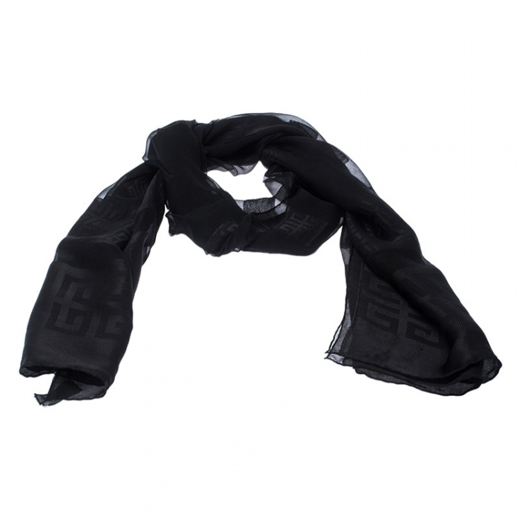 Pre Owned Givenchy Black Logo Jacquard Silk Blend Stole