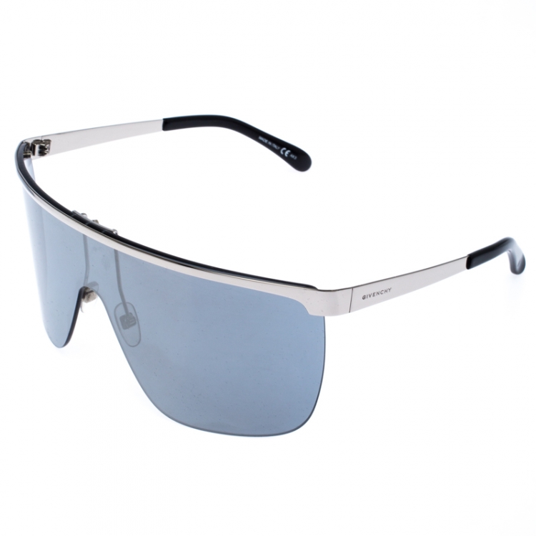 Pre Owned Givenchy Silver/Black Silver Mirrored GV7117/S Shield Sunglasses