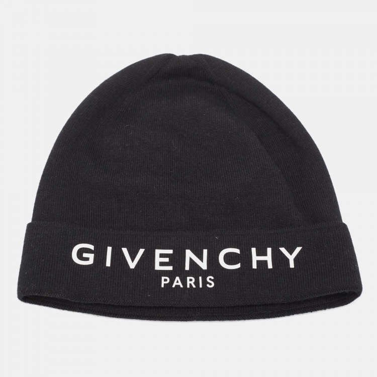 Pre Owned Givenchy Black Logo Print Cotton Knit Beanie 