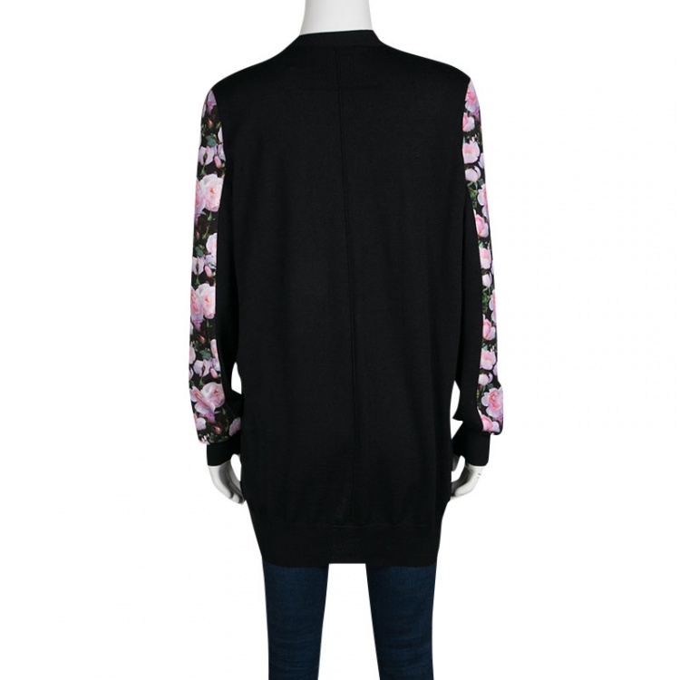 Pre Owned Givenchy Black Silk Cashmere Floral Printed Panel Detail Cardigan M