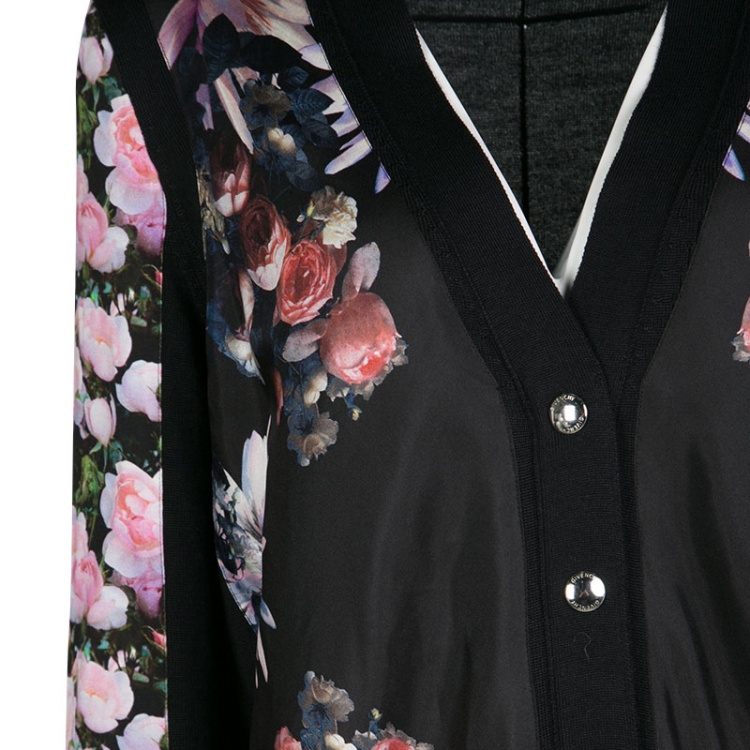 Pre Owned Givenchy Black Silk Cashmere Floral Printed Panel Detail Cardigan M