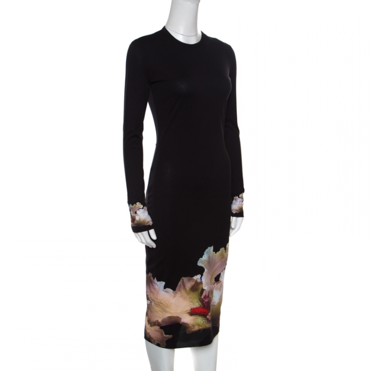 Pre Owned Givenchy Black Floral Printed Jersey Long Sleeve Bodycon Dress M