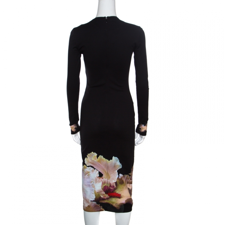 Pre Owned Givenchy Black Floral Printed Jersey Long Sleeve Bodycon Dress M