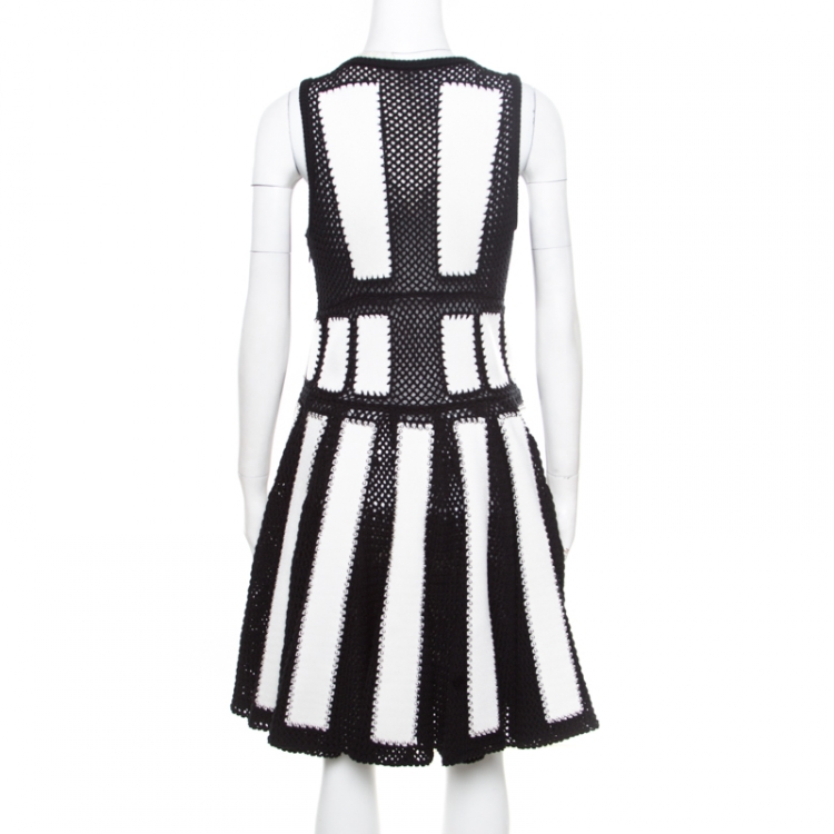 Pre Owned Givenchy Monochrome Open Knit Studded Plunge Neck Detail Paneled Dress S