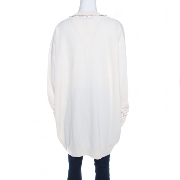 Pre Owned Givenchy Cream Cashmere Wool Faux Pearl Trim V Neck Sweater S