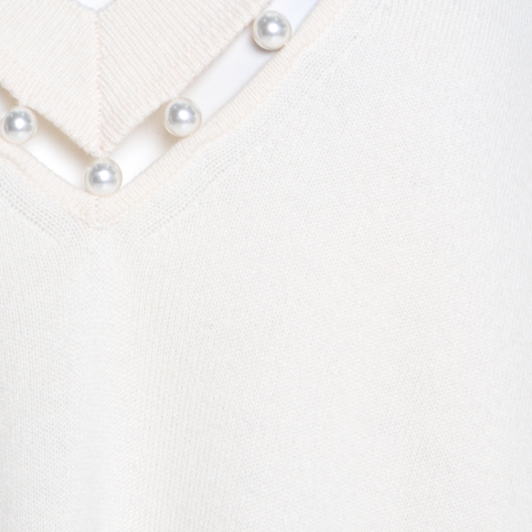 Pre Owned Givenchy Cream Cashmere Wool Faux Pearl Trim V Neck Sweater S