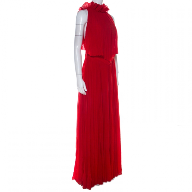 Pre Owned Givenchy Red Pleated Silk Cut Out Back Detail Evening Gown M
