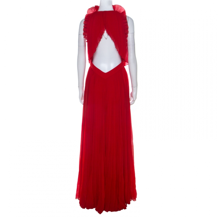Pre Owned Givenchy Red Pleated Silk Cut Out Back Detail Evening Gown M