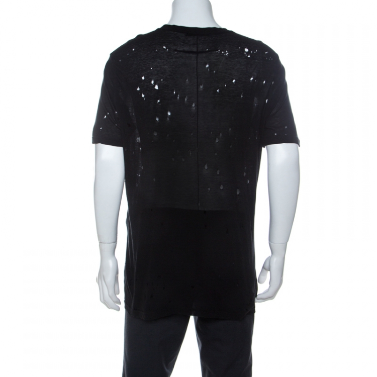 Pre Owned Givenchy Black Logo Print Cotton Distressed T-Shirt L