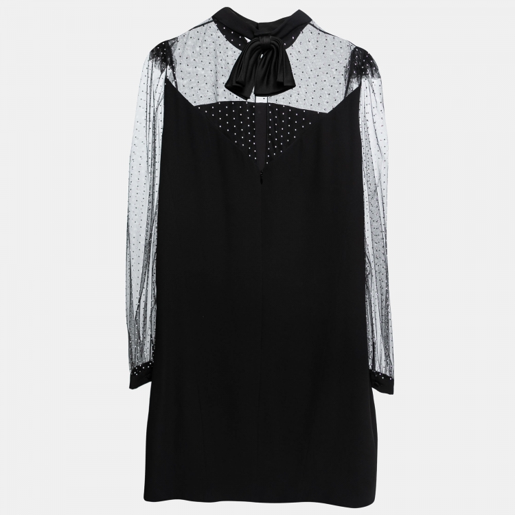 Pre Owned Givenchy Black Crepe & Beaded Tulle Tie-Back Midi Dress L