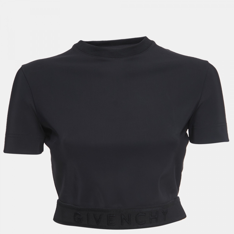 Pre Owned Givenchy Black Logo Detail Stretch Knit Short Sleeve Cropped Top S